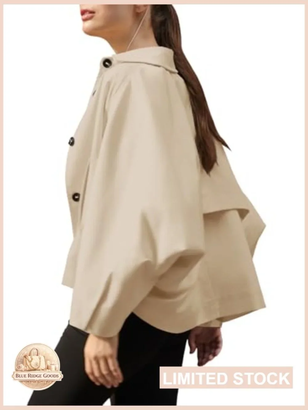 Cropped Trench Coat Lightweight Batwing Sleeve Oversized Chic Casual Outerwear - Picture 5 of 7